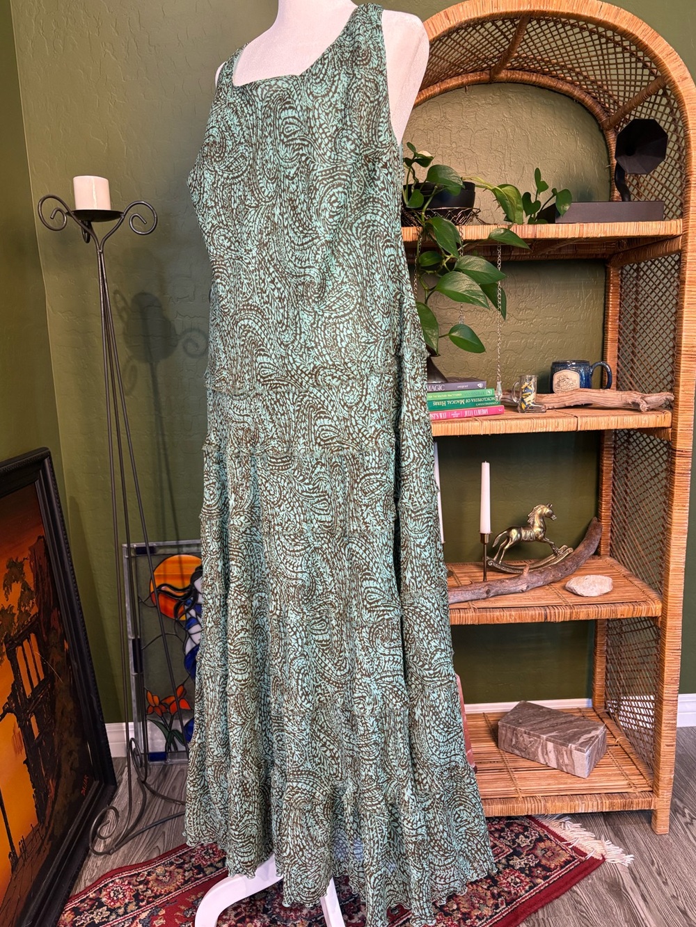 Sleeveless Teal and Brown Paisley Patterned Plus Size Tiered Boho Maxi Dress